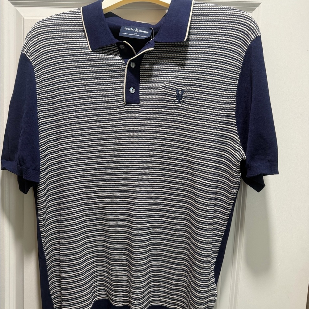 Psycho Bunny Navy & White Striped Polo with Contrast Collar